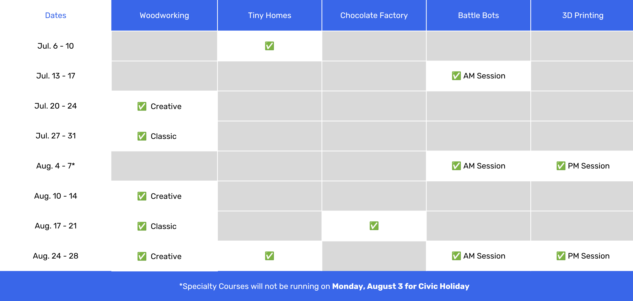 STEAM Summer Specialty Courses Master Schedule